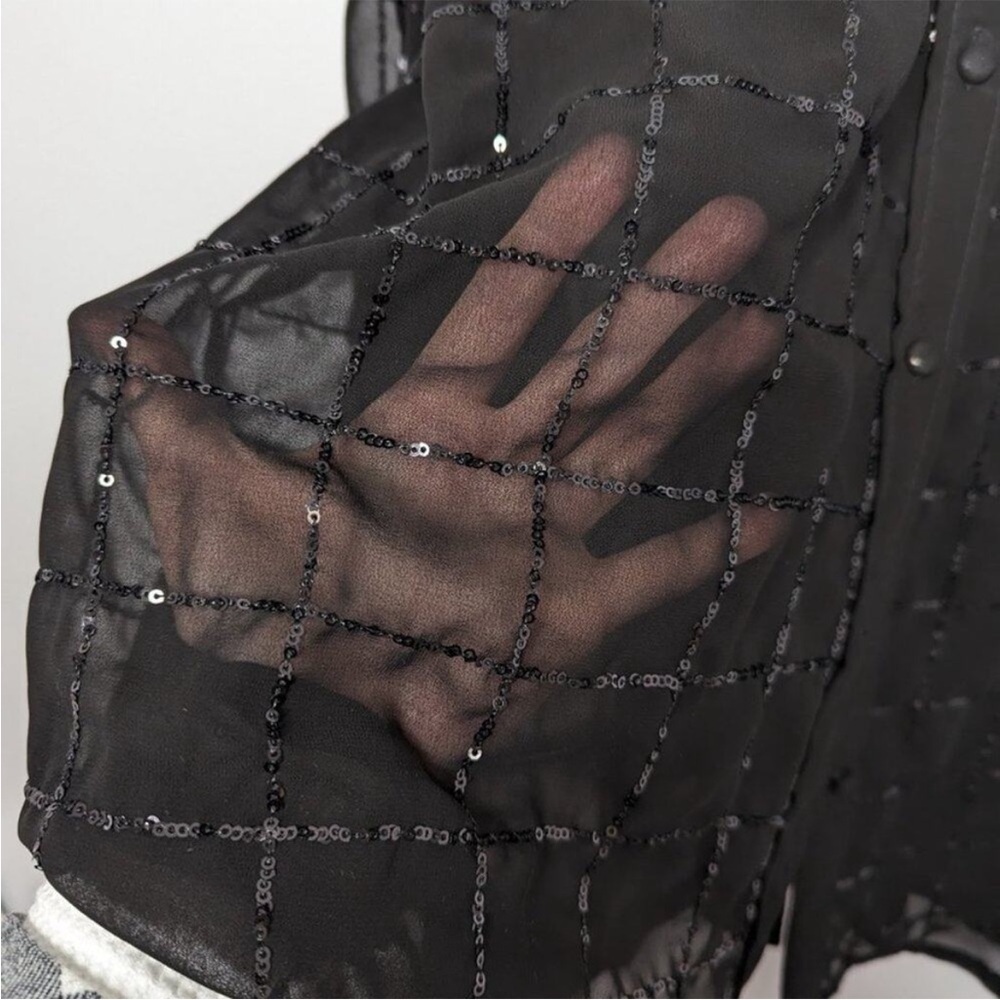 Anthropologie Rinku Dalamal Black Sequin Shirt Dress Long Sleeve Sheer Button Up - Picture 6 of 11